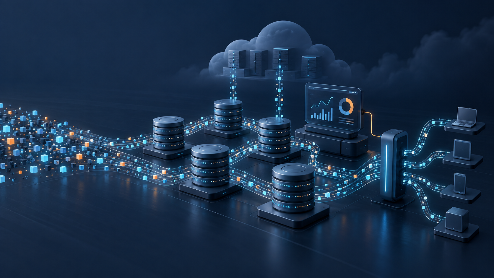 Managed analytical database nodes receiving event streams and serving application dashboards